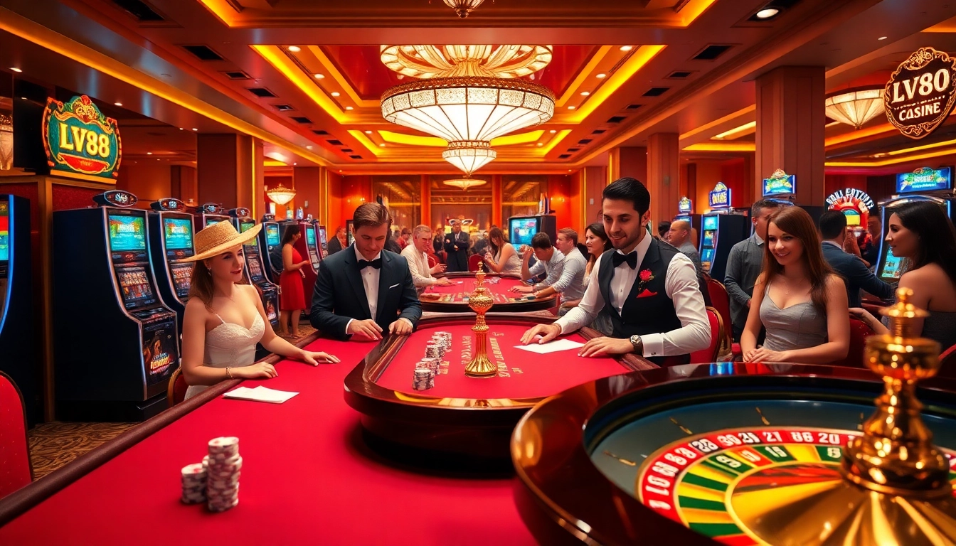 Experience the excitement of LV88 casino with poker chips and a vibrant roulette wheel.