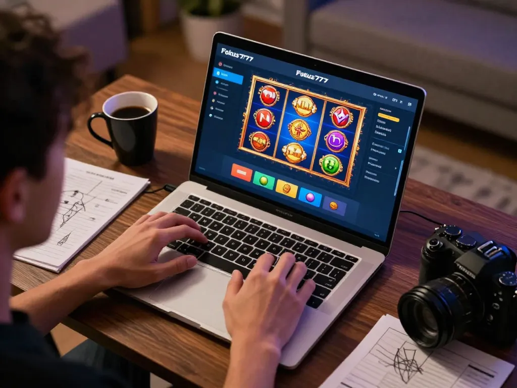 Engaging with Fokus777 on a laptop while enjoying a comfortable online gaming setup.