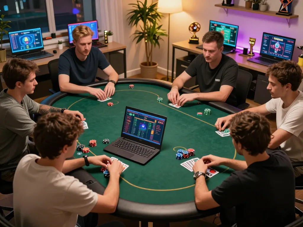 Engaged players strategizing in a Rikvip online poker tournament from their home offices.