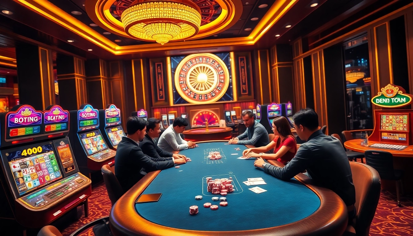 A captivating view of the 13win group casino, showcasing players engaged in poker at vibrant tables.