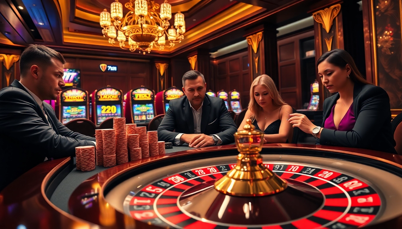Players at a 789Win poker table strategizing while surrounded by casino excitement.