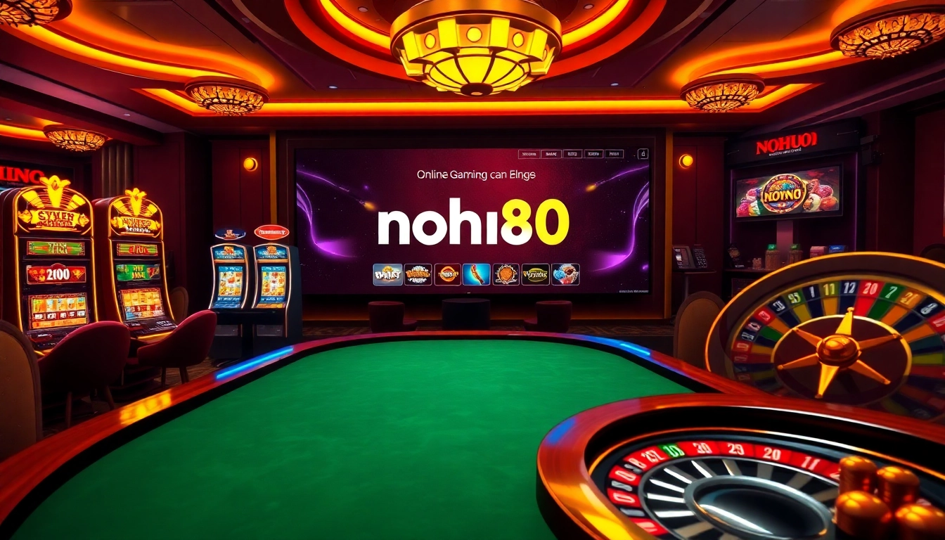 Nohu90 casino players engaged at the poker table, featuring vibrant slots and roulette atmosphere.