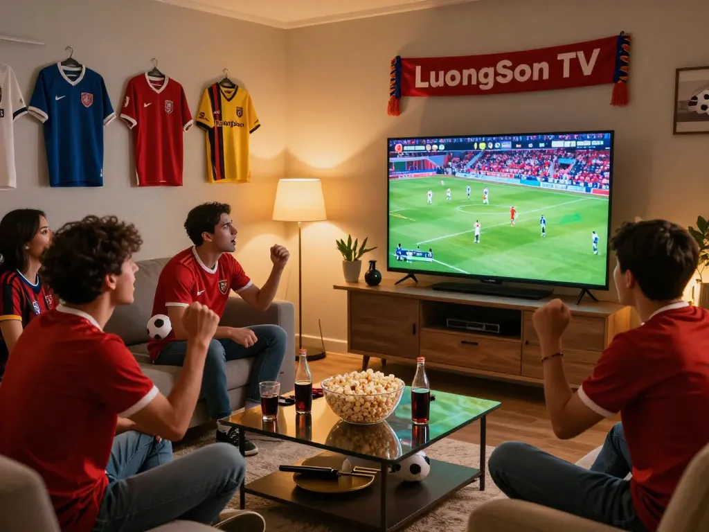 Fans enjoying an exhilarating match on LuongSon TV in a lively living room setting.
