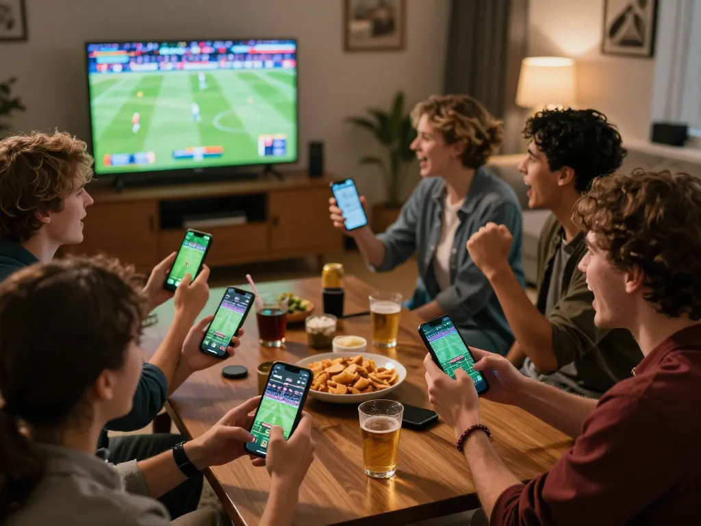 Kebet sports enthusiasts excitedly placing bets while watching live events on their smartphones.