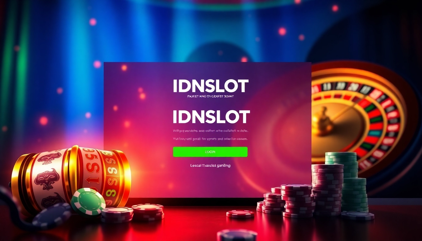 Experience the thrill of winning on the IDNSLOT platform with vibrant slot machines and poker chips.