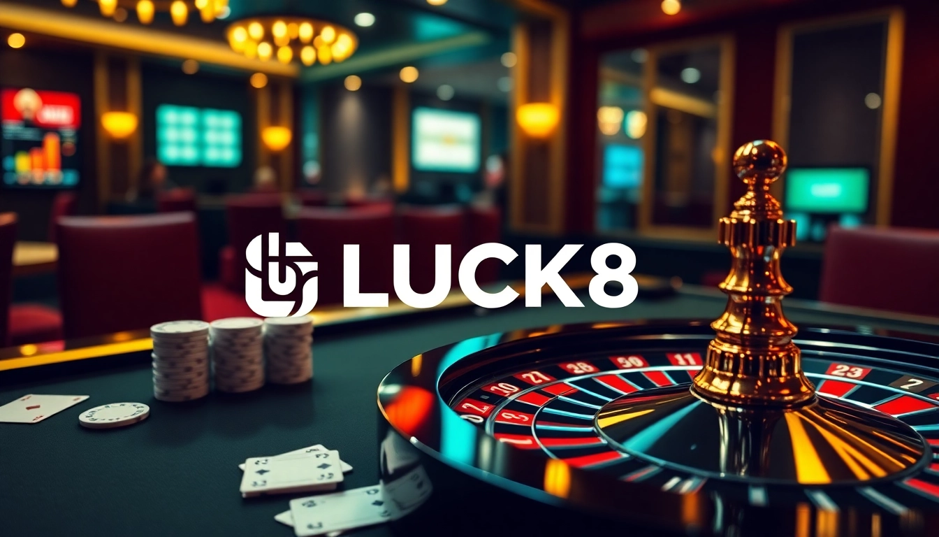 LUCK8 gaming table showcasing vibrant poker chips and cards in an elegant casino atmosphere.