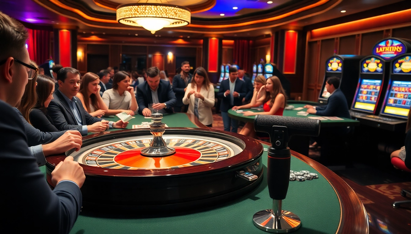 Capture the excitement of gambling with MV88 technology enhancing the atmosphere in a luxurious casino scene.