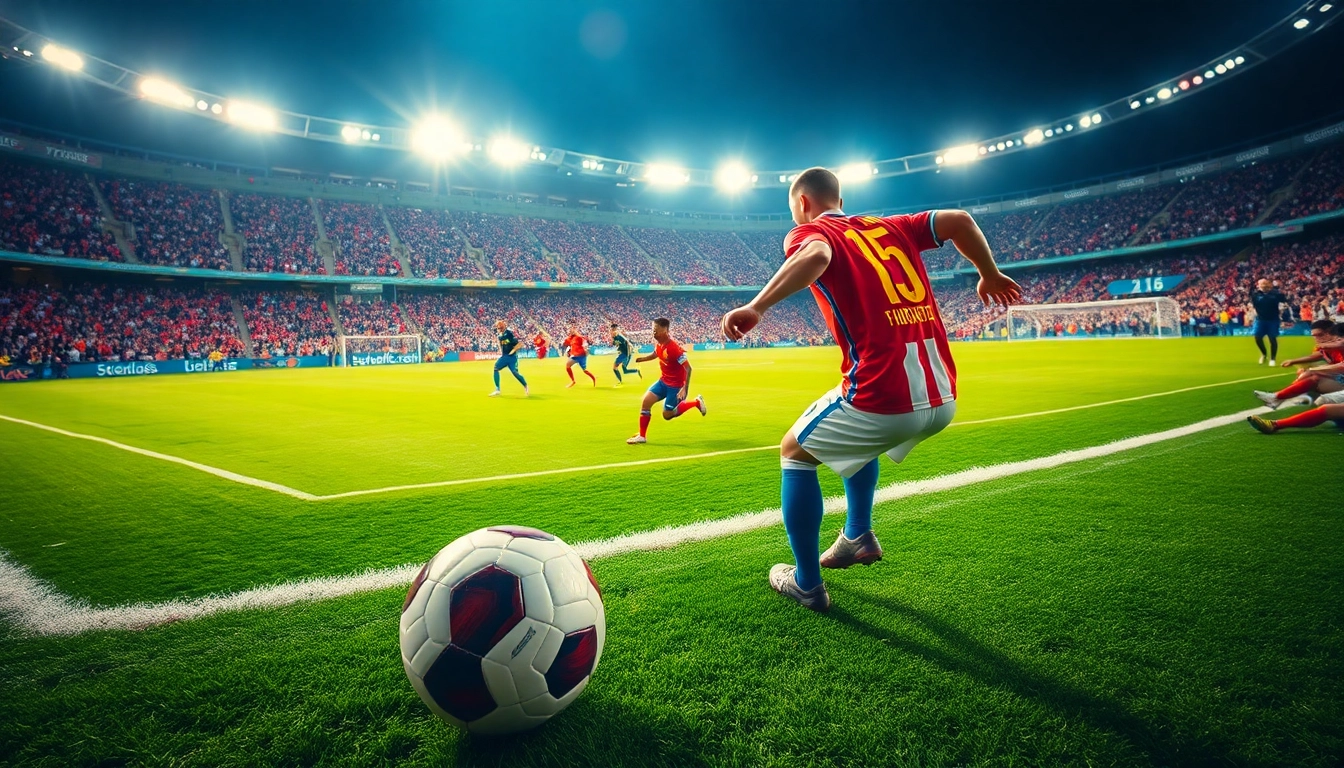 Trực tiếp bóng đá scene featuring an exciting football match with players in action and enthusiastic fans.