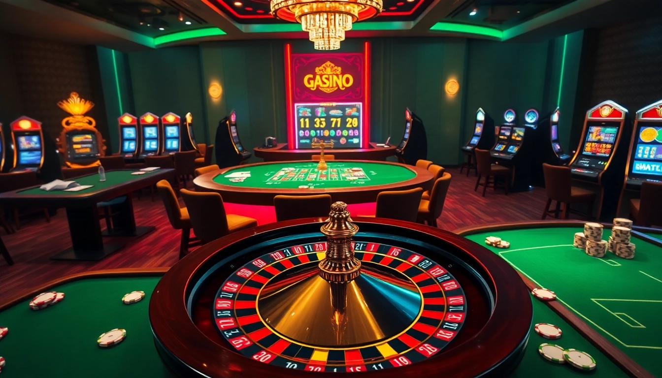Experience online gambling excitement at https://33win68.io/ with a luxurious casino scene featuring dynamic tables and vibrant games.