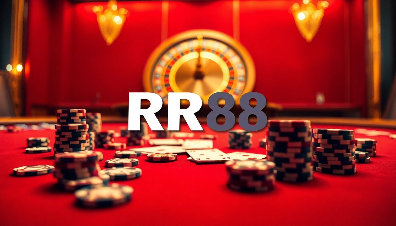 Engaging scene of RR88 online gambling with chips, cards, and a roulette wheel.