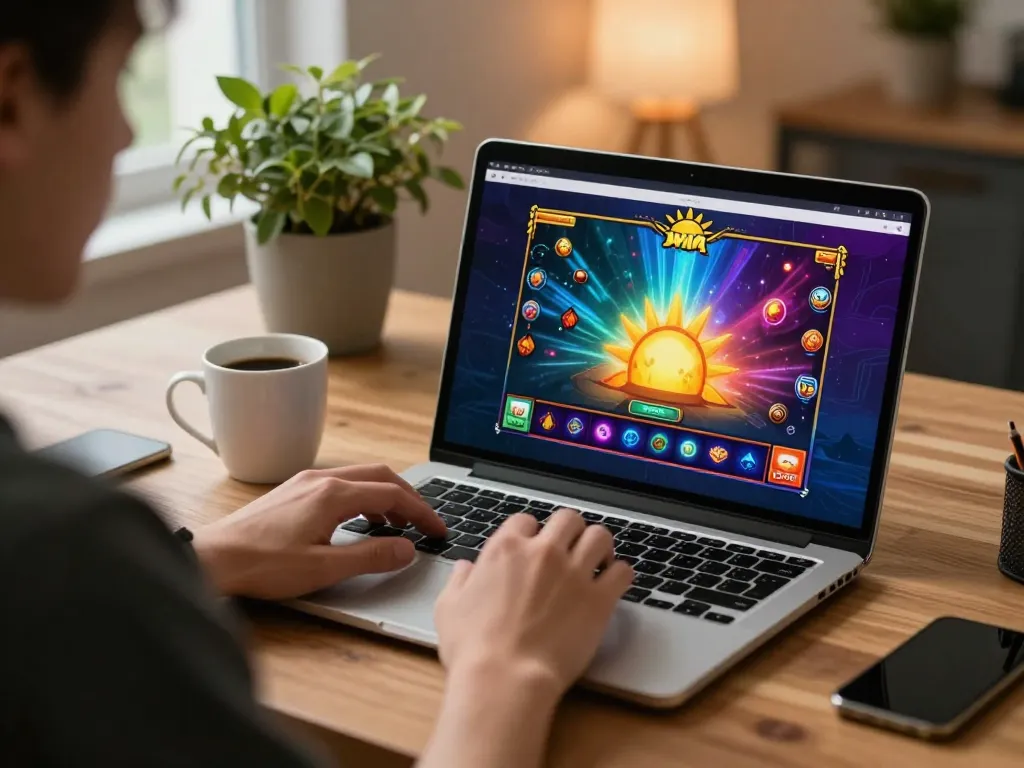 Engaging online gaming scene showcasing sun win casino on a laptop for an immersive gambling experience
