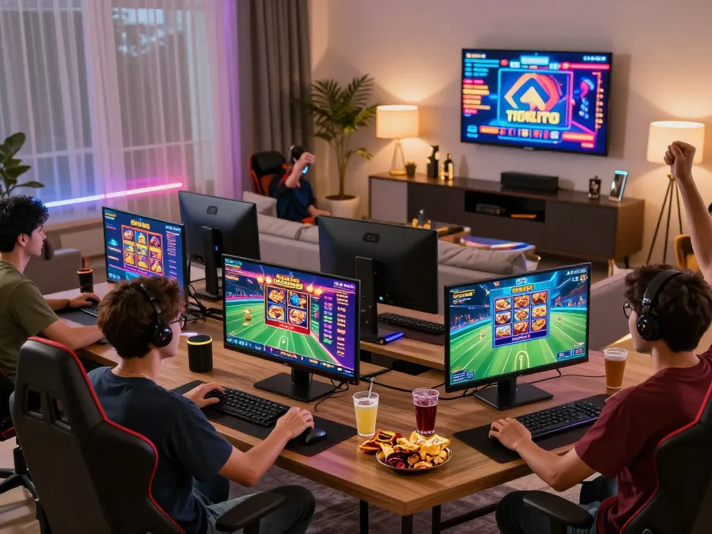 Exciting group of gamers enjoying various games on the 79king platform in a lively living room setting.