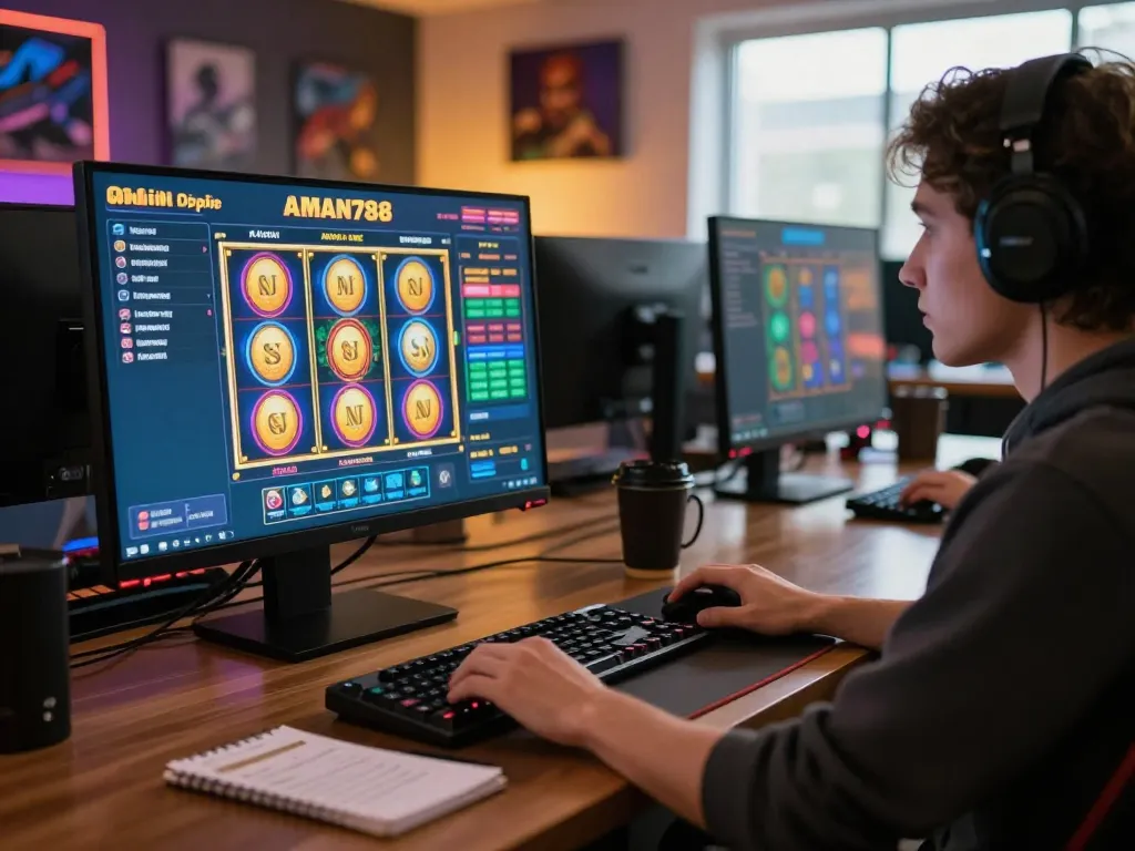 Seorang pemain berinteraksi dengan antarmuka slot online AMAN788 di laptop, menampilkan gulungan slot berwarna-warni dalam pengaturan permainan yang mengundang.