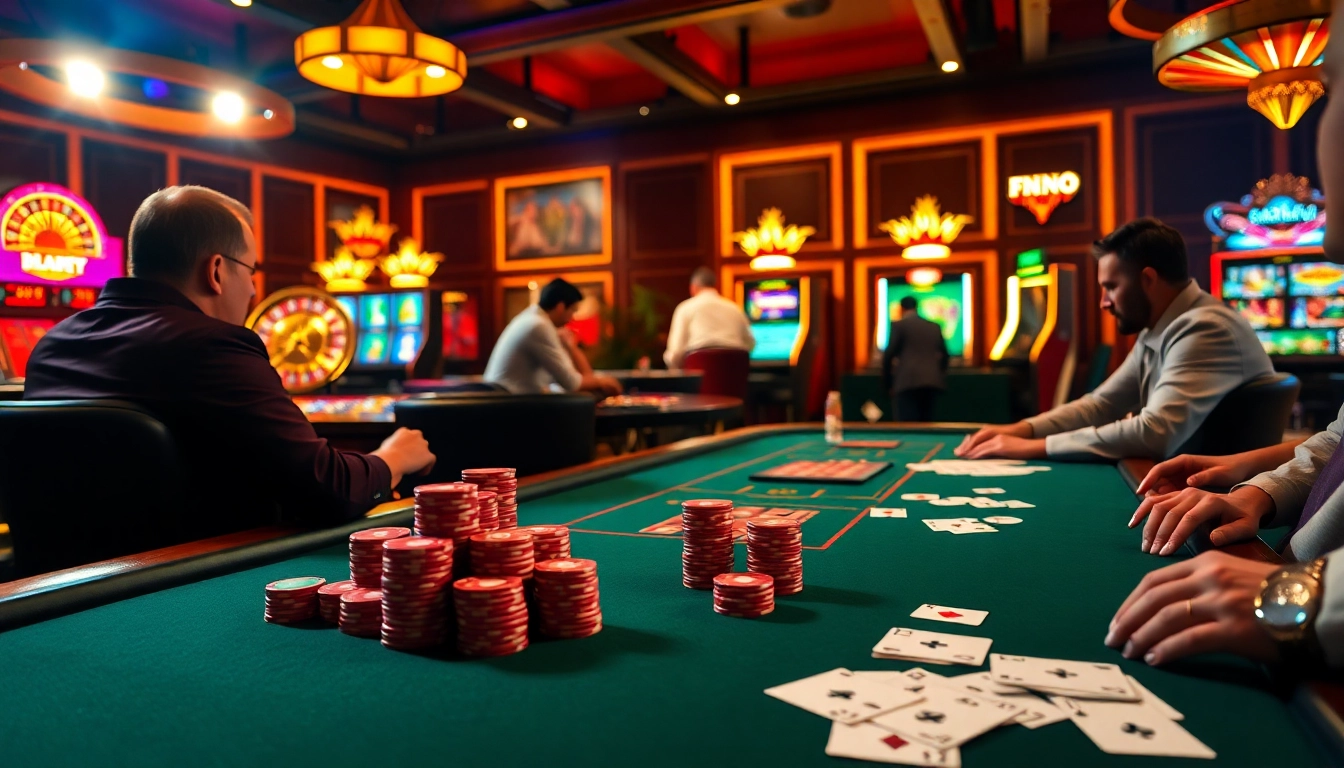 A lively casino scene featuring high-stakes poker at 79KING, showcasing poker chips, cards, and excitement in play.