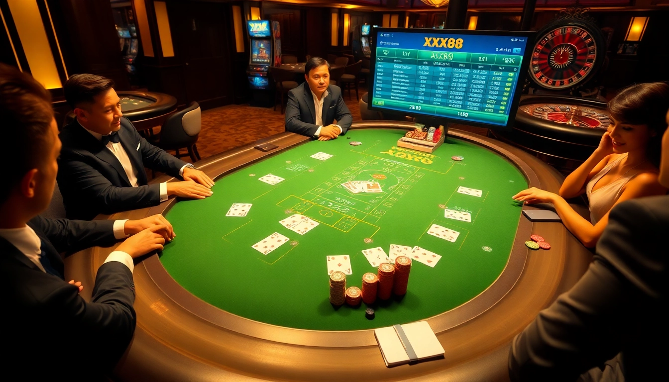 Players enjoying a thrilling game of blackjack at XX88 casino, showcasing chips and cards.