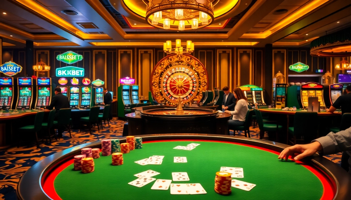 Excited players enjoying a game at 8kbet's luxurious casino, with poker chips and roulette wheels.