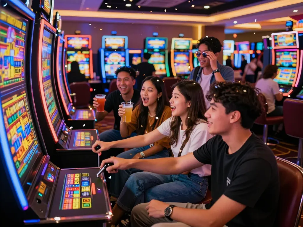 Exciting scene of friends celebrating at a slot gacor hari ini machine in a lively casino atmosphere