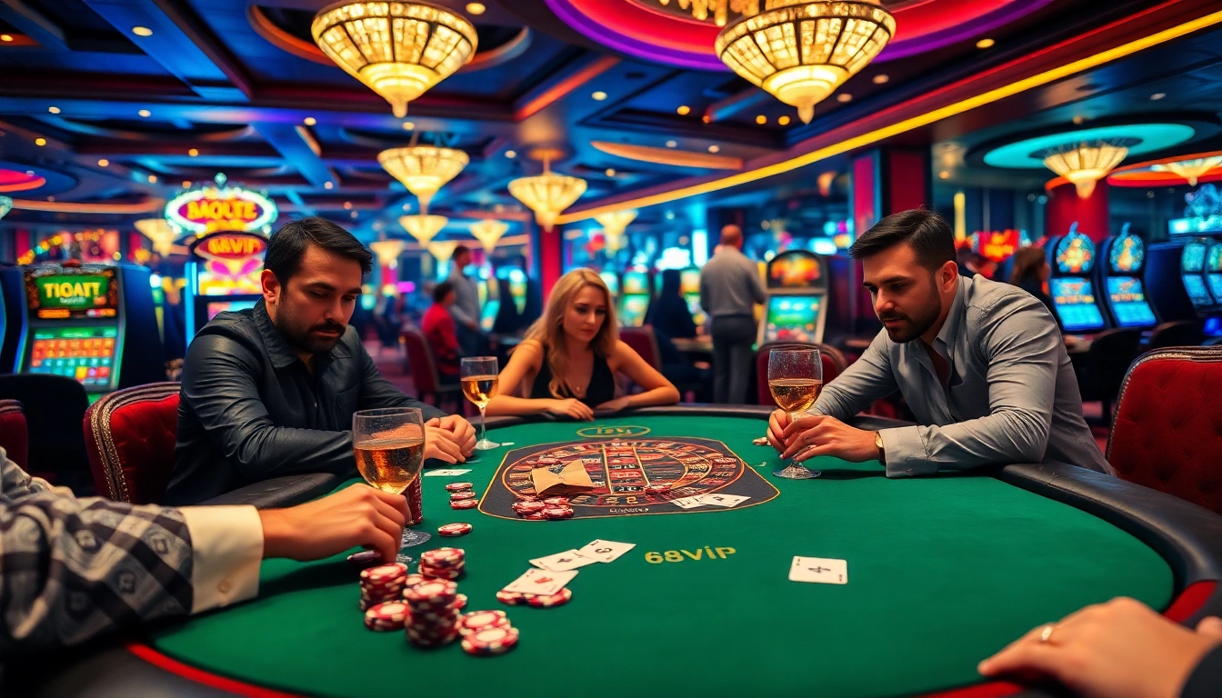 Players enjoying high-stakes poker at 68VIP's luxurious casino table, surrounded by excitement and elegance.