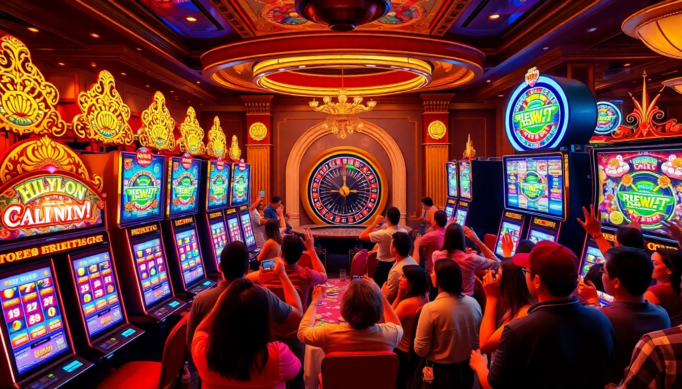 Play thrilling slot game terbaru di sini amidst glamorous casino vibes and lively atmosphere.