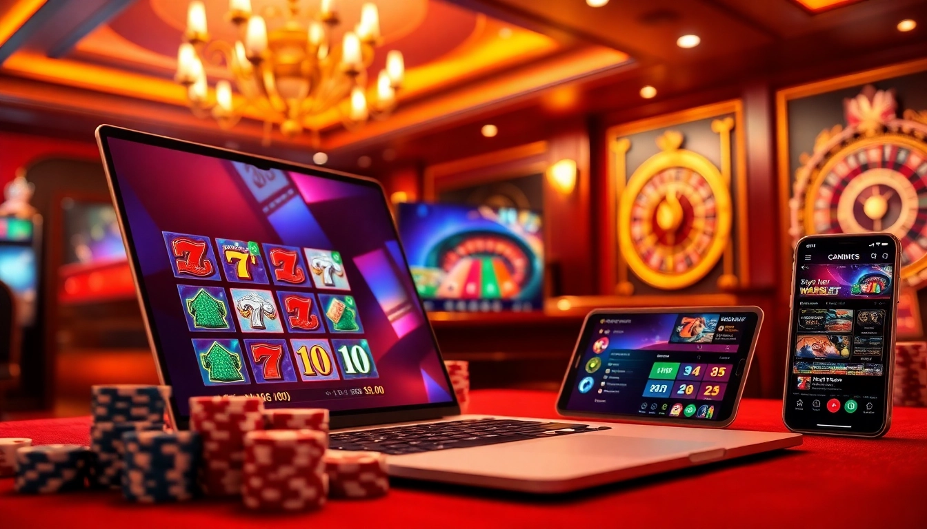 Engage with the 7hh online casino experience, showcasing vibrant slot machines and gaming tables.