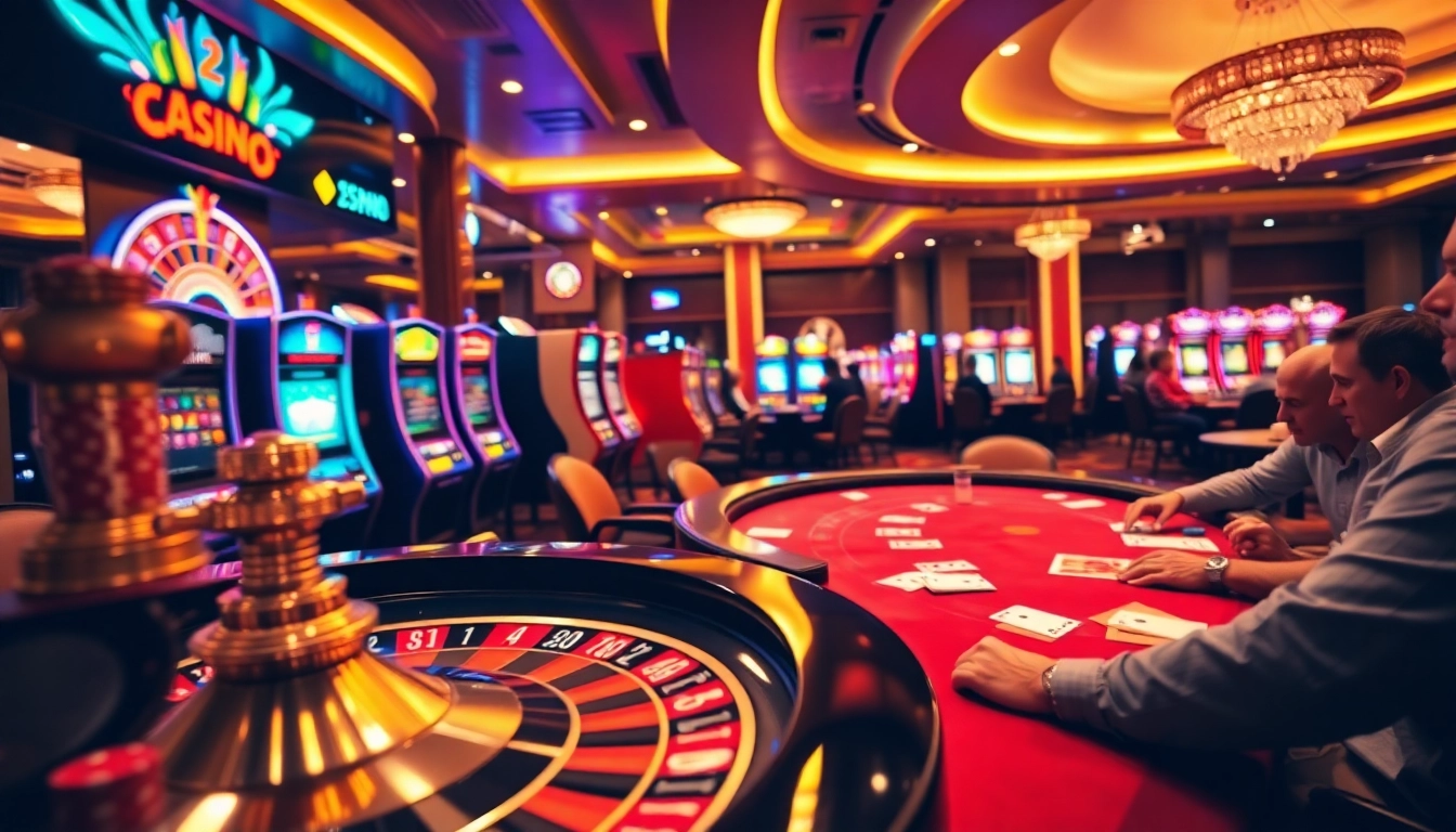Engaging gambling activity at Fun79 casino with vibrant slot machines and a roulette wheel.