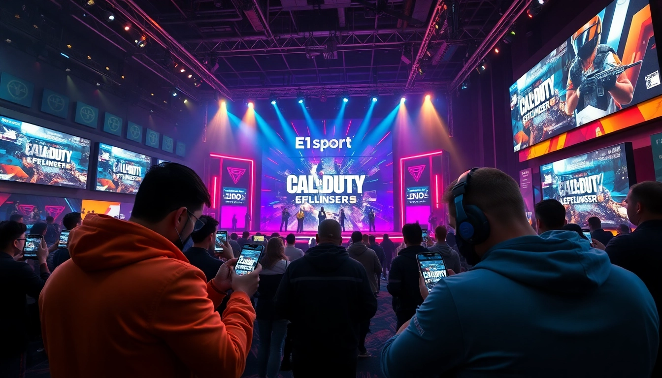A competitive esports scene showcasing E1 Sport Call of Duty มือถือ with cheering fans and betting slips