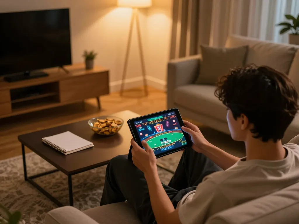 Person immersed in F168 online poker game on a tablet in a cozy home setup.
