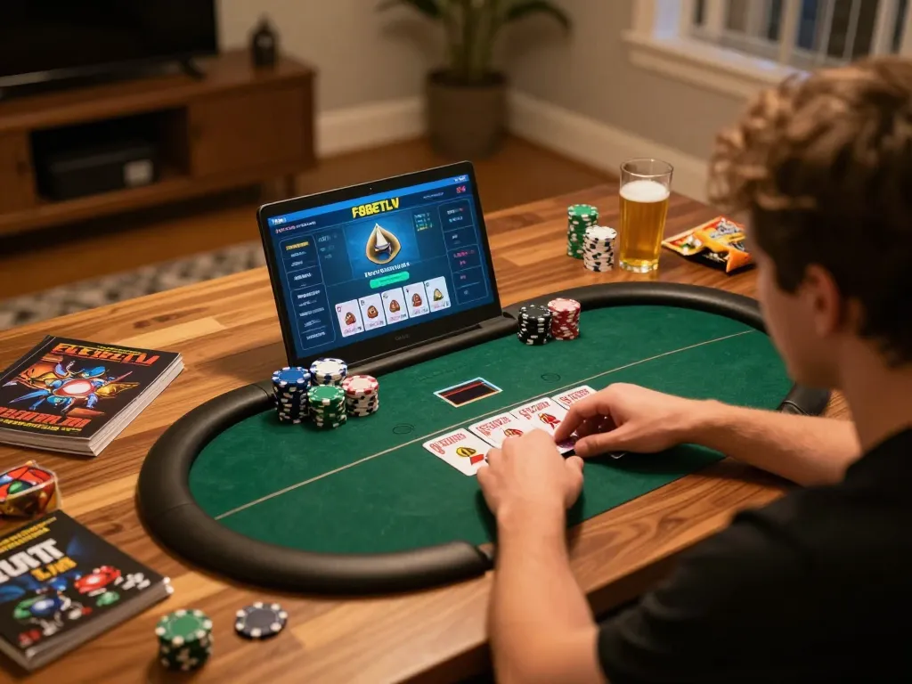 Experience F8BETLV poker gaming at home with engaged player analyzing cards and strategies.
