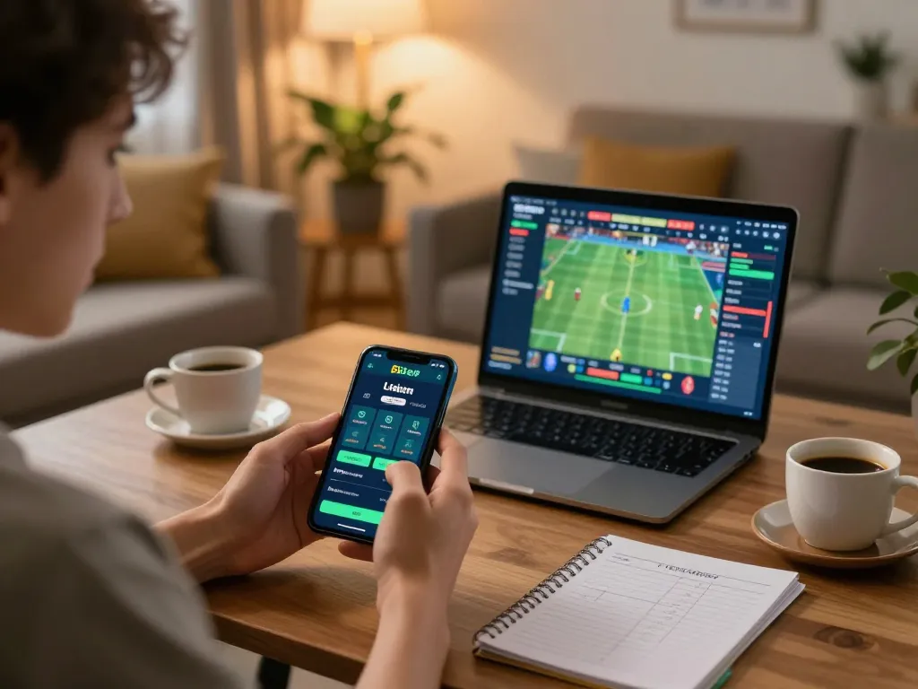 Engaging in sports betting through the 8xbet app, showcasing a modern home gaming lifestyle with laptop and strategy notes.