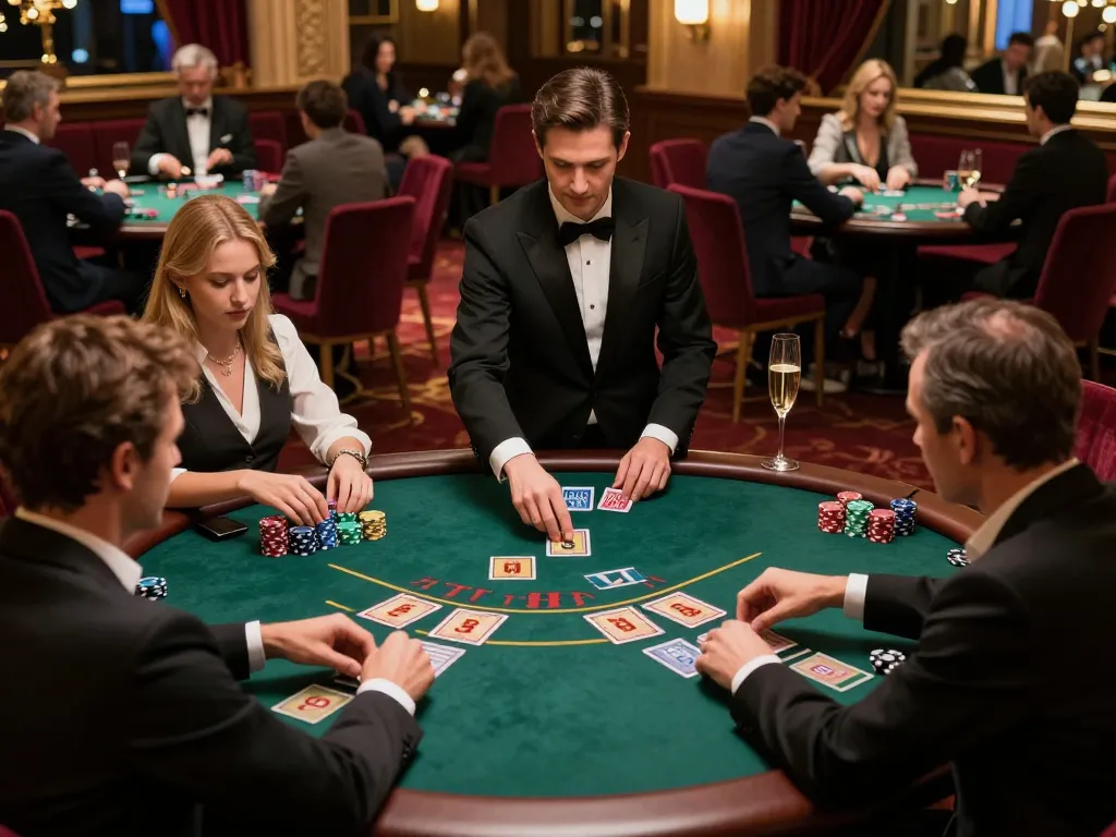 Go8 players strategizing at a sophisticated blackjack table in a luxurious casino setting.
