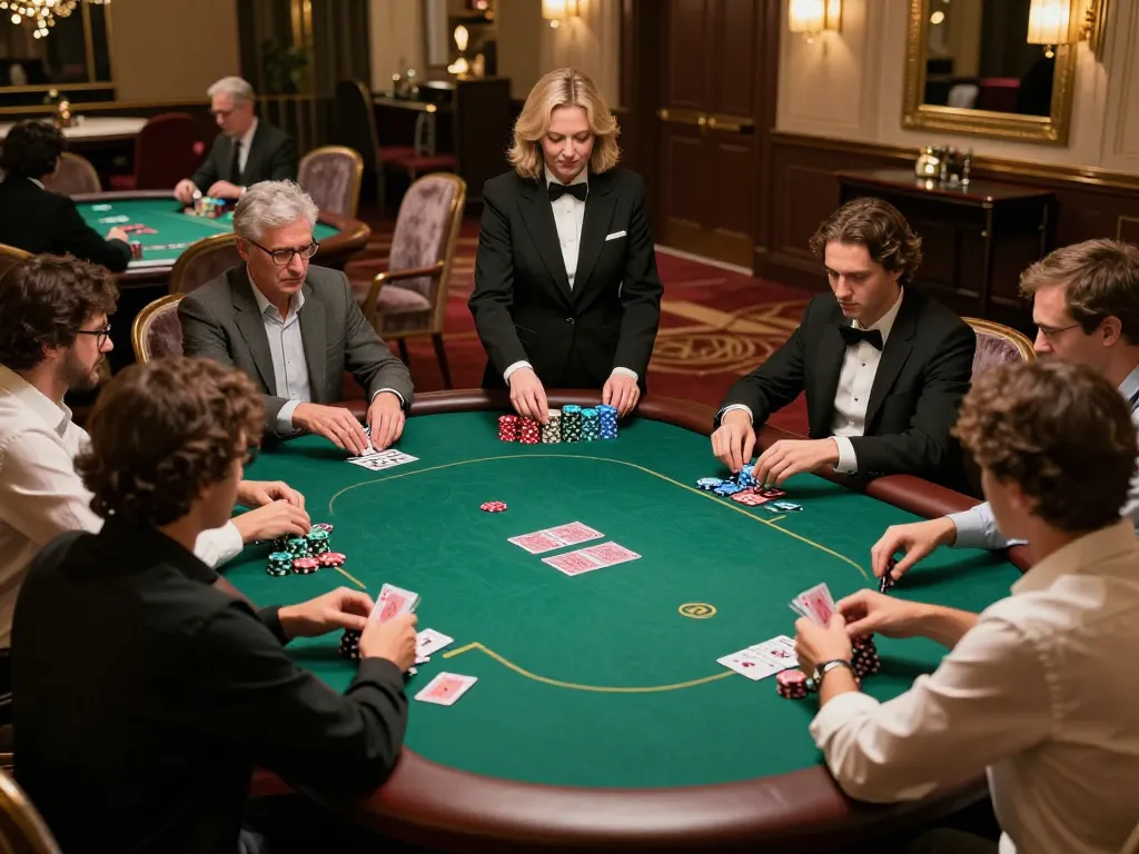 TR88 players enjoying an intense poker game with stacked chips and dealer managing action in a luxurious casino.