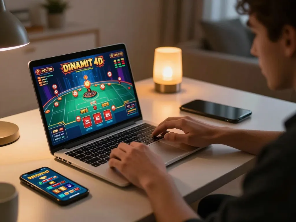 Engaged player enjoying dinamit4d online gaming session on laptop with strategic betting.