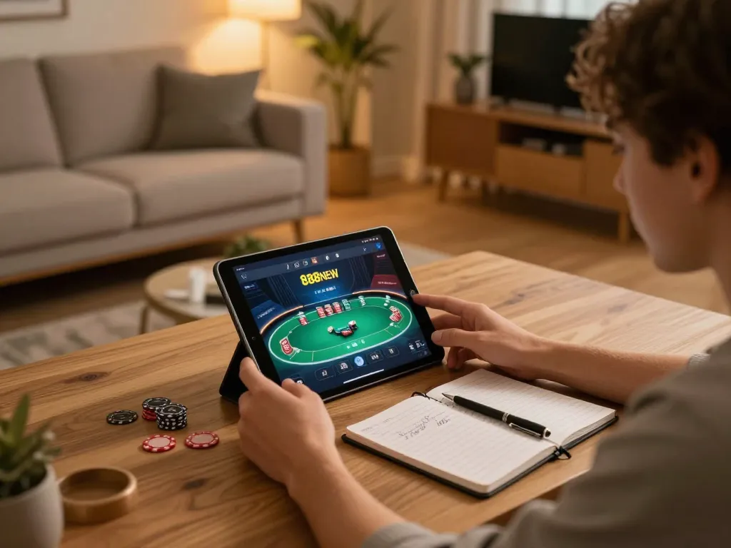 Playing various casino games on the 888NEW app from a cozy setting, showcasing online gambling fun