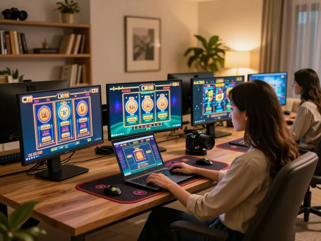 Engaging in CM 88 online casino games at a stylish home gaming setup, showcasing laptops and vibrant screens