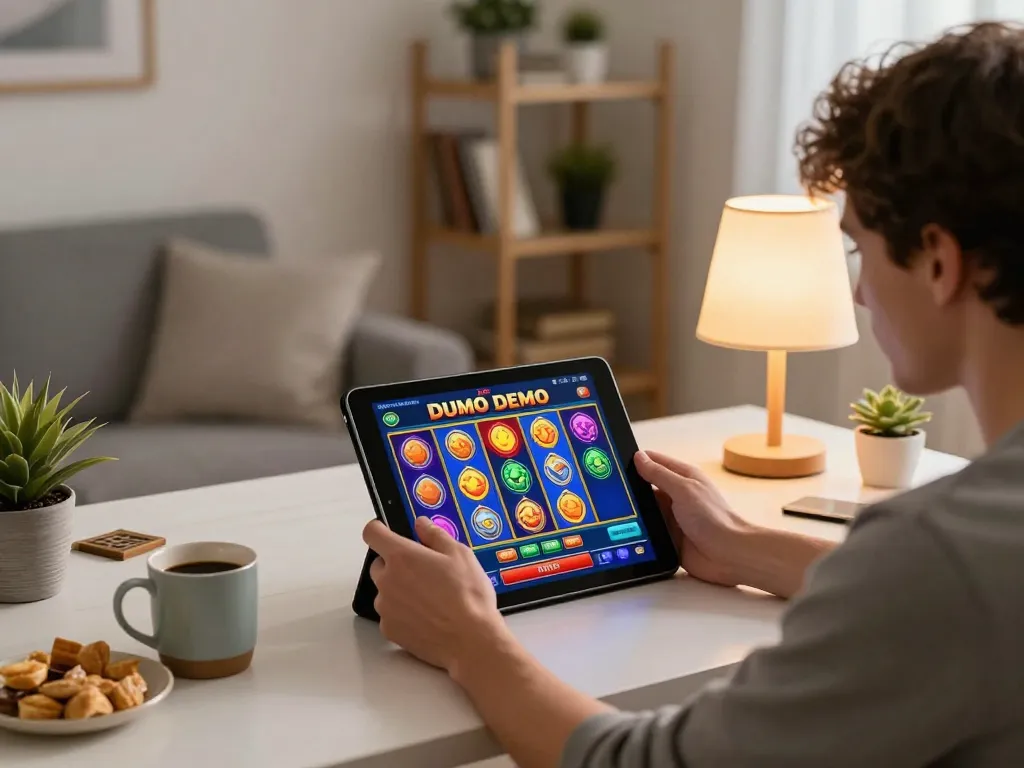 Pemain yang terlibat menjelajahi Slot Demo di tablet dalam suasana bermain yang nyaman di rumah dengan camilan dan pencahayaan hangat.