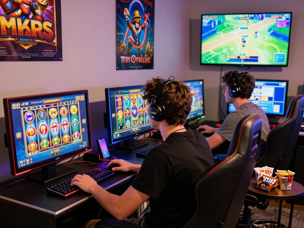Exciting online gaming moment featuring zeus138 player enjoying slot games with vibrant visuals and modern setup.