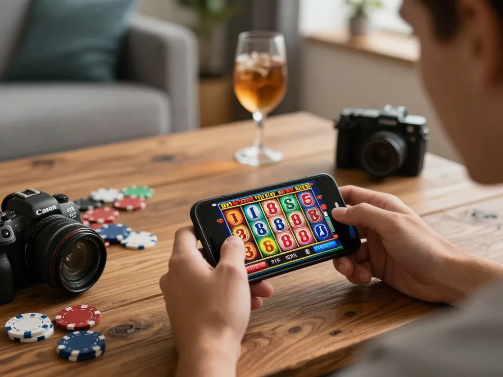 Engaging moment with smartphones at Canadian online casinos, showcasing mobile slot game excitement in a cozy home.