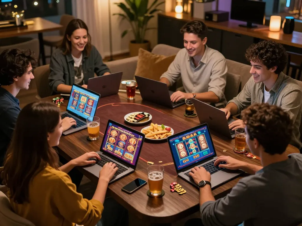 Friends engaging in thrilling online casino games at home with god55 app on screens.