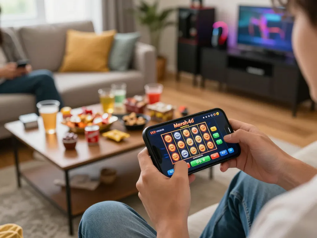 Tangan yang terlibat dengan aplikasi kasino merah4d di smartphone, menampilkan permainan yang menggembirakan dan kesenangan sosial.