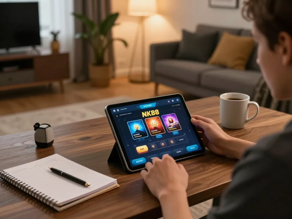 Player enjoying NK88 app on tablet, with strategy notes and cozy gaming setup at home