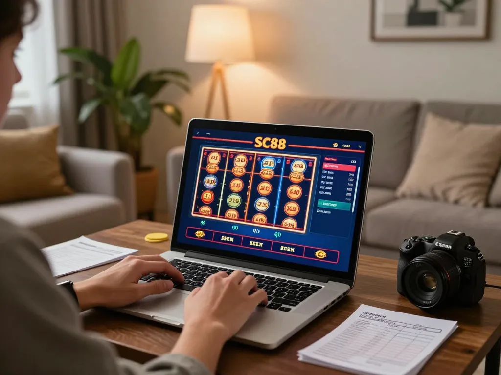 Player engaging with SC88 online casino games on a laptop, emphasizing bankroll management notes.