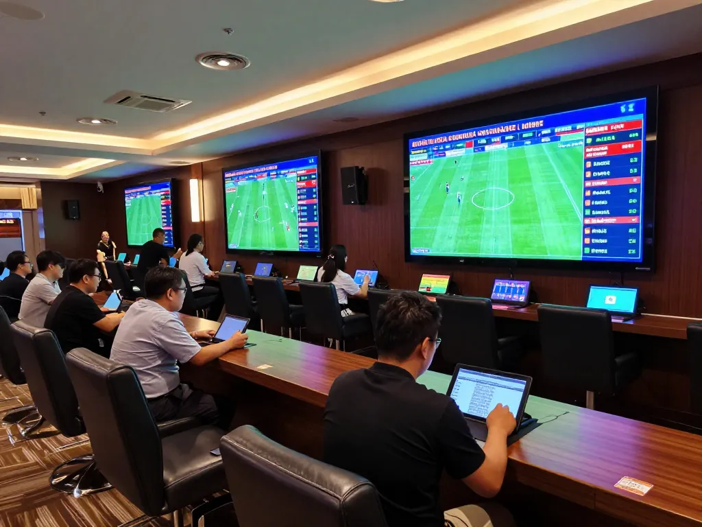 Excited patrons engaging with live football matches and placing bets at the keonhacai sports betting lounge.
