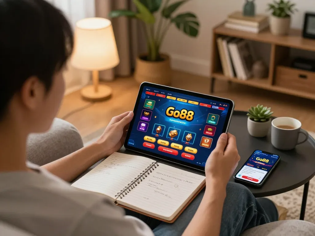 Play Go88 in a cozy home gaming setup, enjoying online casino action on a tablet.
