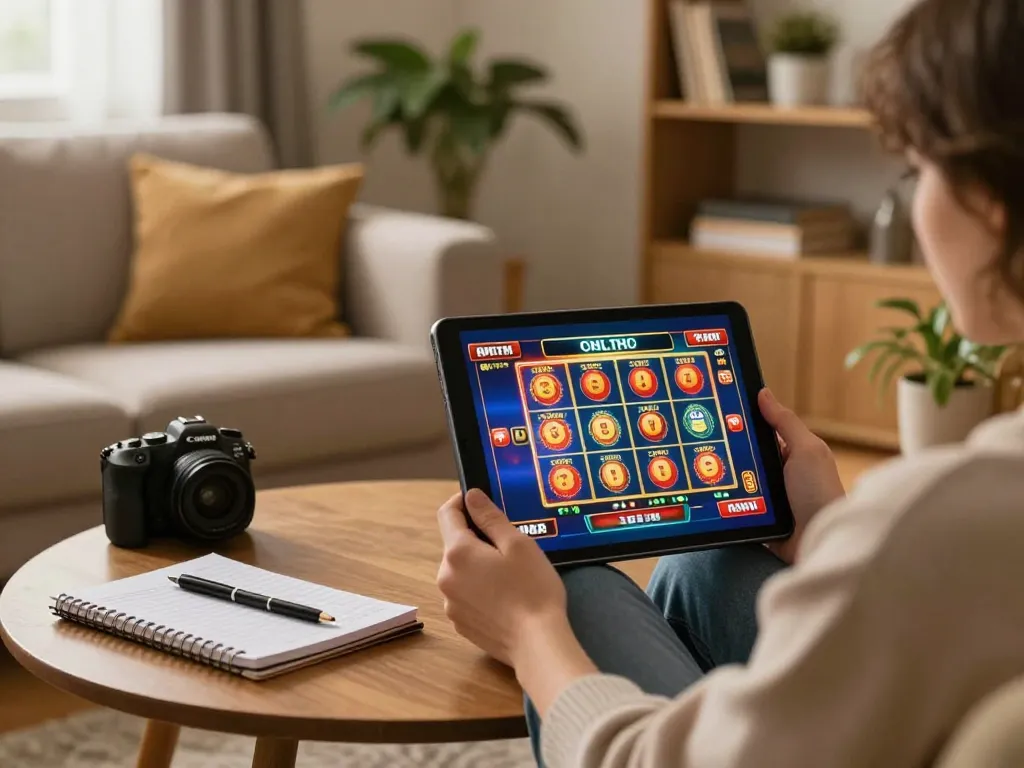 Player engaging with go8 online casino app on tablet at home with strategic notes.