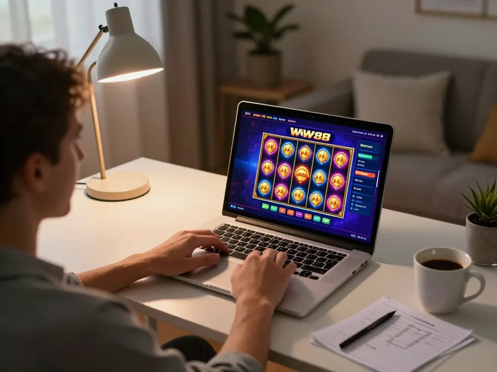 Engaging in a vibrant WW88 online casino game at home, showcasing responsible gambling.