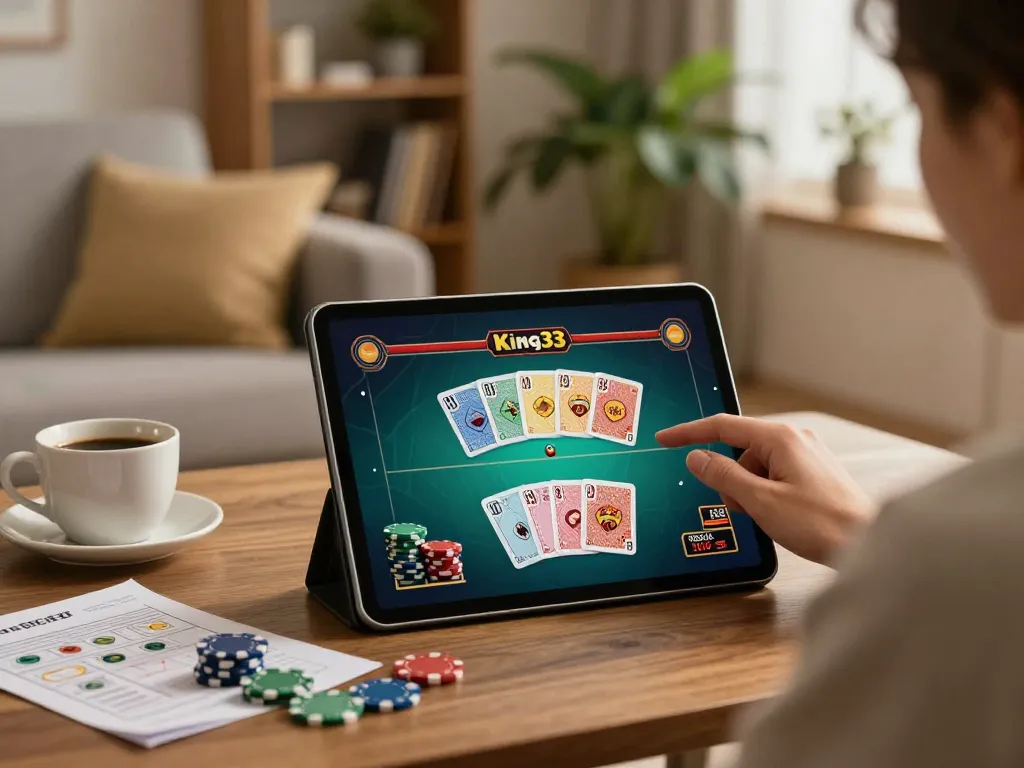 Player enjoying a strategic gaming session at King33 online casino with tablet and notes