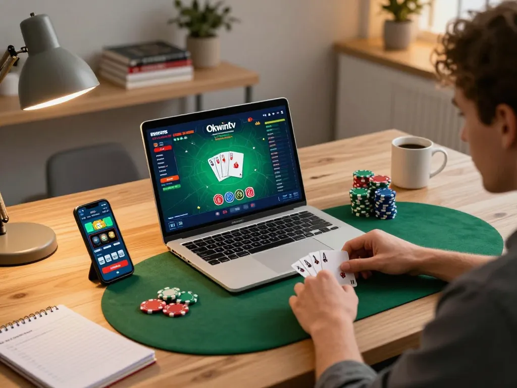 Player enjoying poker on Okwintv platform, showcasing strategic gameplay in a cozy home setup.