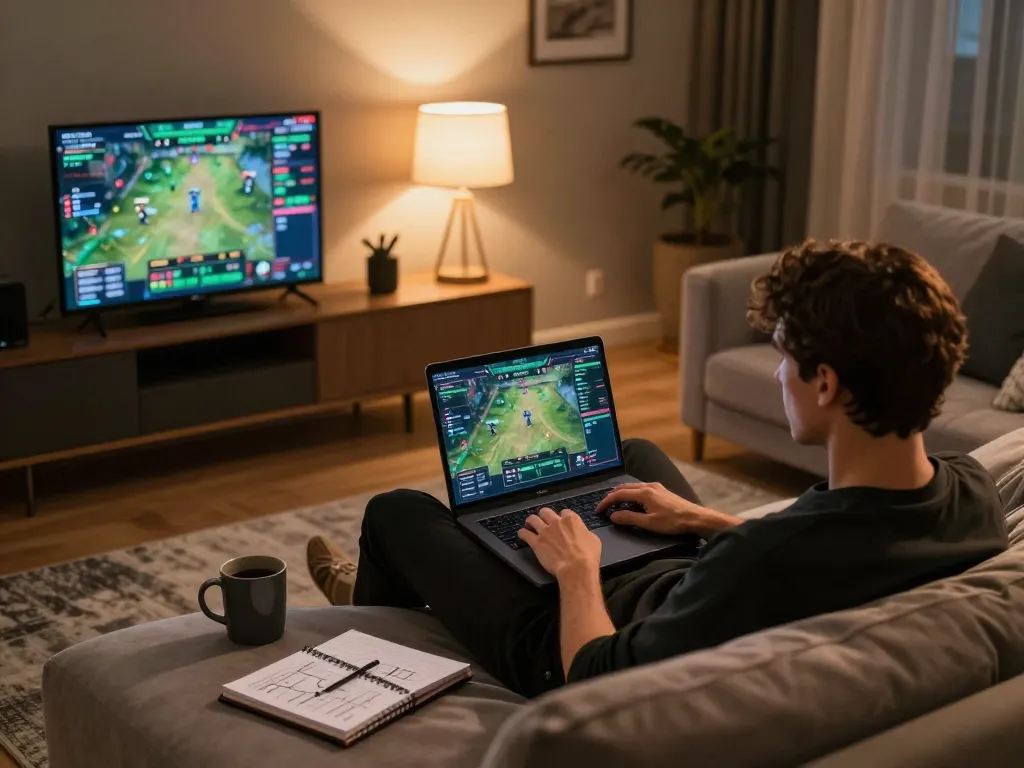 Okwintv user placing strategic bets while engaging with online sports betting interface in a cozy living room.