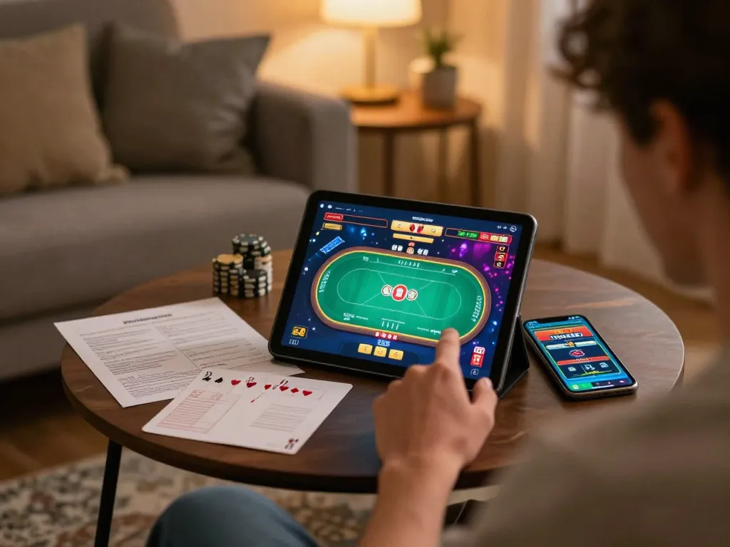 Play online casino Malaysia on a tablet in a cozy home setting with strategic poker gameplay visible.
