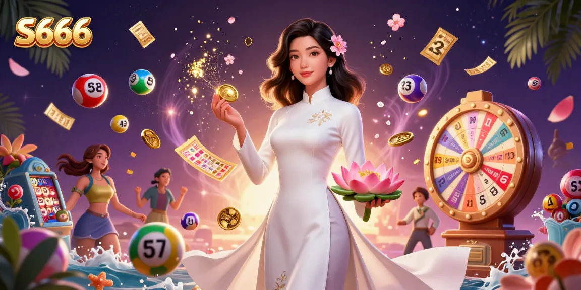 S666 offers exciting gambling experiences with a charming Asian woman in an elegant ao dai surrounded by vibrant lottery elements.